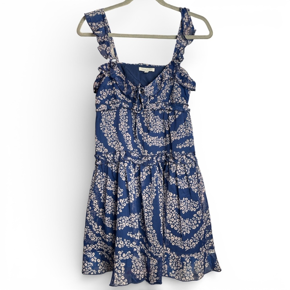 Patrons of Peace Blue White Floral Ruffle‎ Tiered Mini Dress Womens XS NWOT